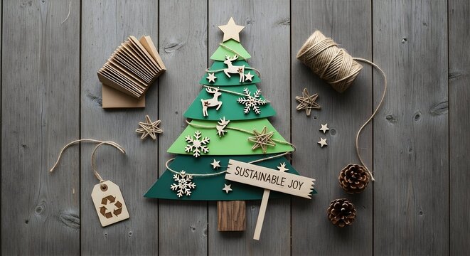 Celebrate eco friendly holidays with a charming green Christmas tree adorned with natural decorations and a 'Sustainable Joy' sign