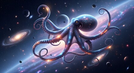 Cosmic octopus with galaxy tentacles explores vibrant nebulae and distant planets in stunning deep space adventure