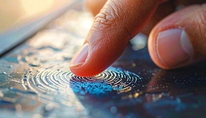 Close-up of a finger pressing a screen leaving a swirling circular mark, showing vibrant colors on the surface