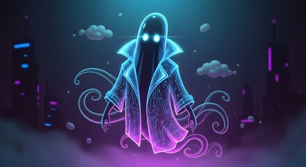 Mysterious glowing entity with circuit board coat hovers in neon cyberpunk city at night, digital art