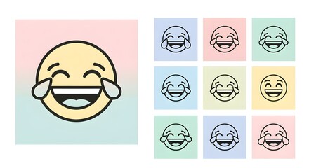Joyful laughing emoji faces with tears of joy, radiating happiness and humor across vibrant pastel backgrounds