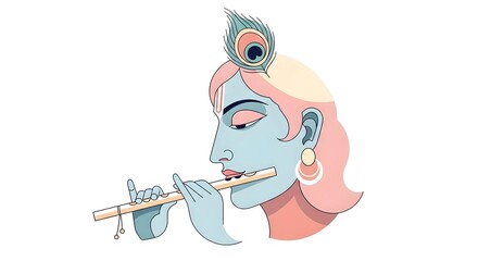 Serene deity Krishna plays enchanting melody on flute, adorned with peacock feather, evoking divine peace and spiritual harmony.