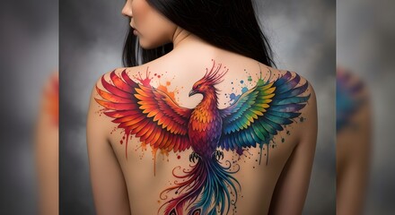 Stunning rainbow phoenix tattoo bursts with vibrant watercolor splashes across a woman's back, symbolizing rebirth and power.