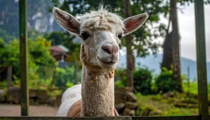 Fototapeta premium Close-up of a fluffy white alpaca, framed by a wooden fence, against a blurred green, hilly background