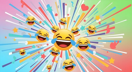 Joyful explosion of laughter emojis and vibrant confetti celebrates happiness, fun, and positive emotions