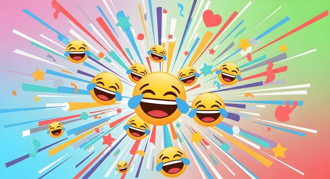 Joyful explosion of laughter emojis and vibrant confetti celebrates happiness, fun, and positive emotions