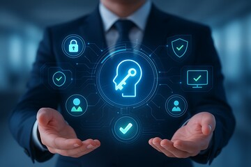 Businessman holding holographic virtual lock identity icon representing cybersecurity access protection privacy encryption technology system and network authentication concept 