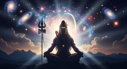 Divine Lord Shiva meditating amidst cosmic galaxies and celestial light, embodying spiritual power and universal consciousness.