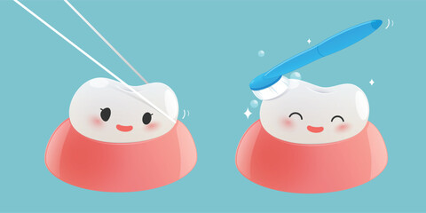 Cute illustration cartoon set showing Brushing teeth and Dental floss with smiling tooth characters promoting oral hygiene