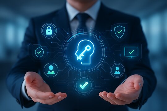 Businessman holding holographic virtual lock identity icon representing cybersecurity access protection privacy encryption technology system and network authentication concept  - Powered by Adobe