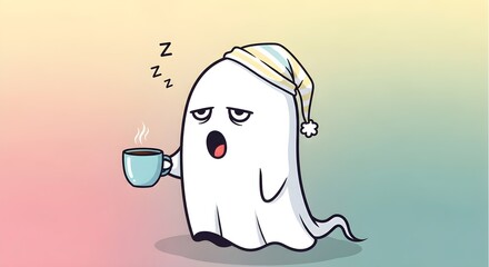 Funny cartoon ghost needs caffeine to wake up this Halloween season, sipping coffee in a sleeping cap with Zzz's floating by, cute spooky vibes