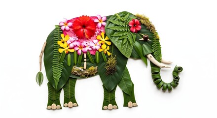 Whimsical elephant art created with tropical flowers and vibrant green leaves, bringing a touch of nature's elegance to your creative projects