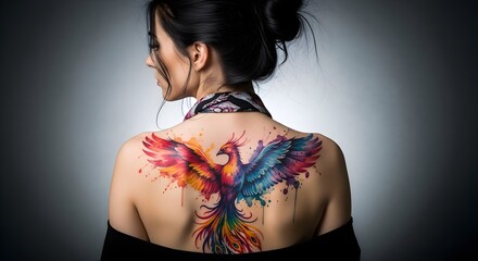 Stunning woman with vibrant phoenix back tattoo showcasing artistic expression and unique style, perfect for fashion and body art inspiration