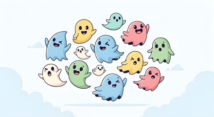 Adorable pastel ghosts floating cheerfully, perfect for Halloween designs and playful projects that need a cute, spooky touch this fall season