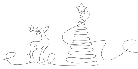 Vector Christmas card in line art style. Festive sketch. Deer, christmas tree, bell isolated on white background. Continuous line drawing christmas toys