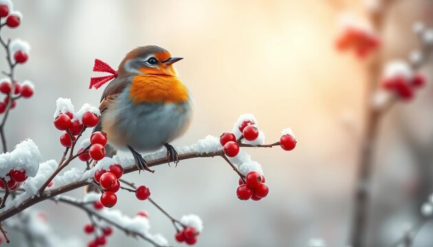 A whimsical winter scene featuring a festive robin perched on a snow-dusted branch with berries,  christmas,  christmas illustration