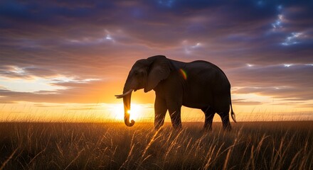 Majestic elephant silhouette at sunset evokes adventure and wildlife conservation, perfect for travel, nature, and conservation campaigns