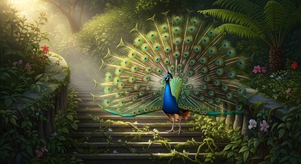 Stunning peacock displaying vibrant plumage on lush garden staircase, a symbol of beauty, pride, and elegance in a serene, enchanting landscape
