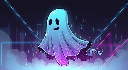 Spooky cute ghost with glowing circuit patterns floating in a cyberpunk neon sky for Halloween celebrations or a modern tech brand mascot design