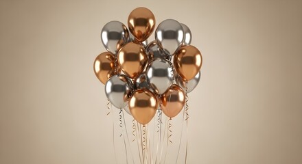 Elegant metallic balloons in silver and bronze catching the light create a festive mood perfect for celebrations and upscale events, birthdays and parties