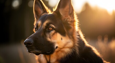 Majestic German Shepherd basks in golden sunset light, perfect for pet lovers and advertising campaigns seeking warmth and loyalty