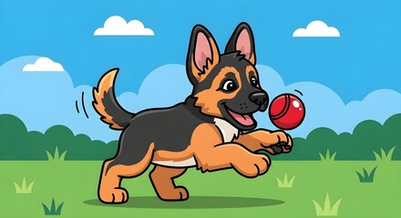 Playful cartoon German Shepherd running happily with a red ball in a bright outdoor scene, perfect for children's books and adorable pet-related content