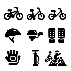Cycling equipment silhouette icons set. featuring bicycle, helmet, bell, gloves, pump, and road symbols
