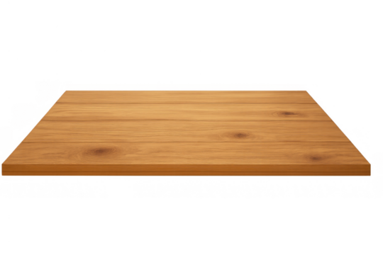 Empty wooden tabletop product display, brown wood grain texture surface, isolated on transparent background