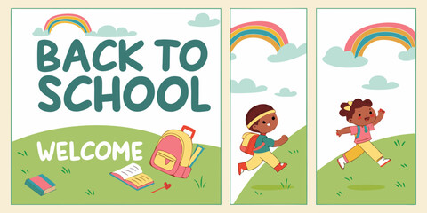 Four vertical posters, each promoting Back to School.  Each poster features a child, depicted in a cartoon style.  Children are various ages, diverse in ethnicity, dressed in simple, colorful clothing
