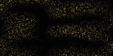 Abstract luxury banner with golden glittering dots on black background. Sparkling glitter bottom border, vector frame. Halftone effect. Magical gold dust. Pop art style backdrop.