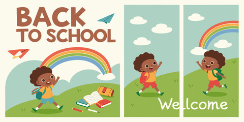 Four vertical posters, each promoting Back to School.  Each poster features a child, depicted in a cartoon style.  Children are various ages, diverse in ethnicity, dressed in simple, colorful clothing