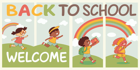 Four vertical posters, each promoting Back to School.  Each poster features a child, depicted in a cartoon style.  Children are various ages, diverse in ethnicity, dressed in simple, colorful clothing