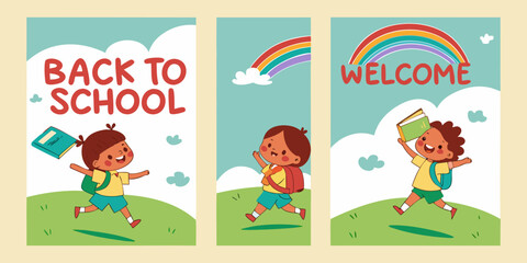 Four vertical posters, each promoting Back to School.  Each poster features a child, depicted in a cartoon style.  Children are various ages, diverse in ethnicity, dressed in simple, colorful clothing