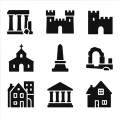 Historical landmarks silhouette icon set. featuring ruins, castle, church, monument, arch, heritage buildings