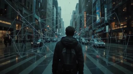 Man Stands in Futuristic Cityscape with Digital Network Overlay - Powered by Adobe