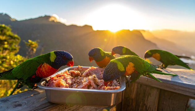 Colorful parrots feeding on a tray of food, with sunlight streaming over mountains in the background