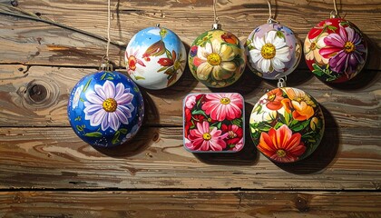 Colorful, hand-painted ornaments with floral designs, hung against a rustic wooden background. One square shape among the spheres