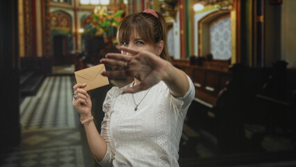 Woman holding envelope with hand extended as stop gesture while winking inside church building nave and pews; defiance secrecy privacy.