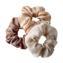 Silk scrunchie set in neutral tones. Isolated white background. Png format