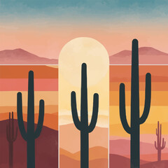 Abstract layered vector illustration of a desert landscape with saguaro cactus silhouettes and mountains against a large sun