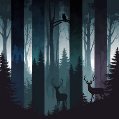 Illustration of a dark mysterious forest scene with deer and an owl divided by vertical colorful stripes