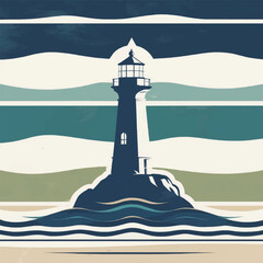 Retro style vector illustration of a dark silhouette lighthouse on a small rock island surrounded by colorful ocean waves