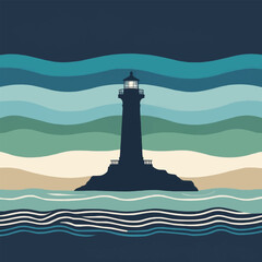 Illustration of a glowing lighthouse on a small rock island surrounded by abstract dark ocean waves at night