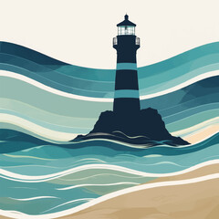 Illustration of a lighthouse on a rocky island surrounded by abstract ocean waves in different shades of blue