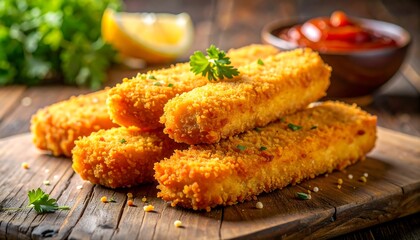 Crispy breaded food items on a wooden board, with a dish of dipping sauce and a lemon slice in the background. Parsley garnishes