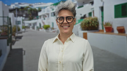 Woman with glasses and short gray hair smiling gently with closed eyes on a bright sunlit street...