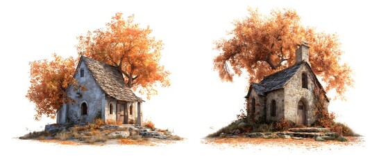 Charming houses surrounded by vibrant autumn trees in a serene landscape setting
