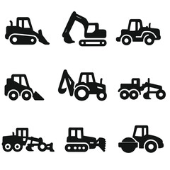 Construction equipment silhouette icon set. featuring bulldozer, excavator, tractor, and grader symbols
