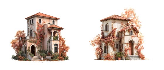 Beautiful autumn scene featuring two charming houses surrounded by colorful foliage in a serene environment