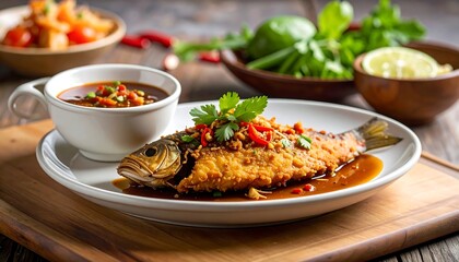 Crispy fried fish served with sauce, herbs, limes, and relish atop a wooden board, beautifully presented